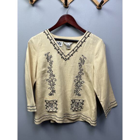 EDWARD Irish Linen Tan Embroidered Top Blouse Tunic 3/4 Sleeves Small‎ Petite - Picture 1 of 7